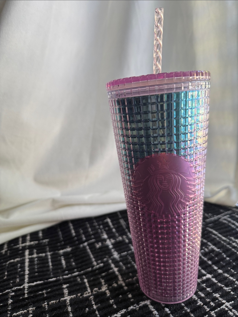 Starbucks Iridescent Pink and Teal Studded Cold Cup with Straw
